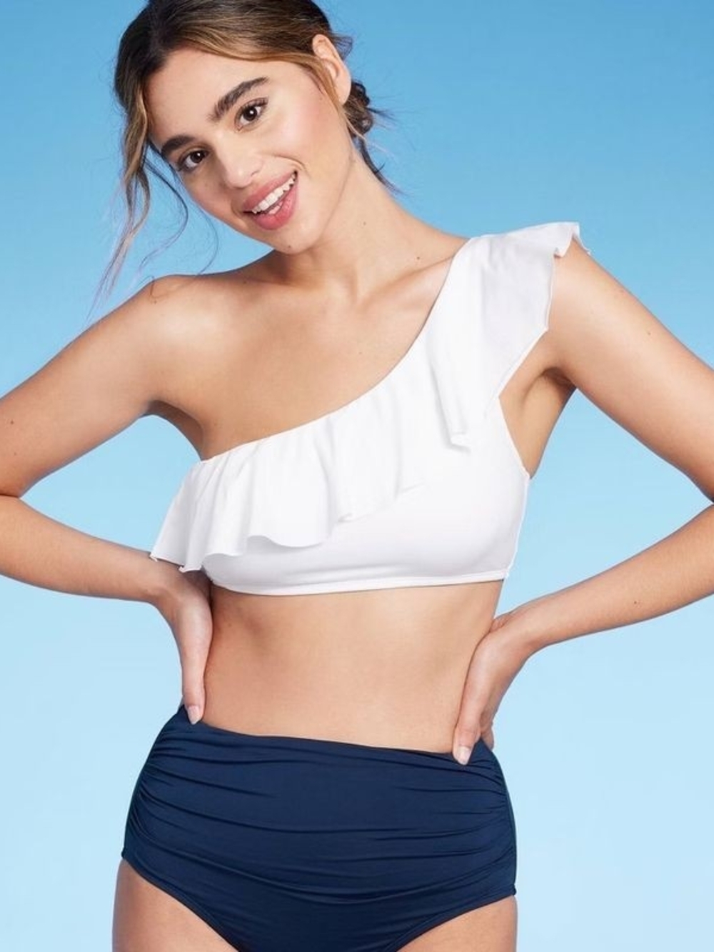 Kona Sol White One-Shoulder Ruffle Flounce Bikini Top